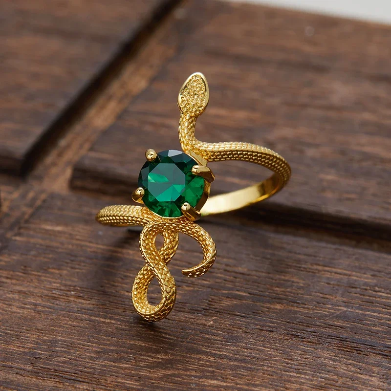 1PC Vintage Unique Snake Imitation Emerald Zirconia Gold Color Ring For Women Men Punk Gothic Snake Birthday Party Jewelry Gift