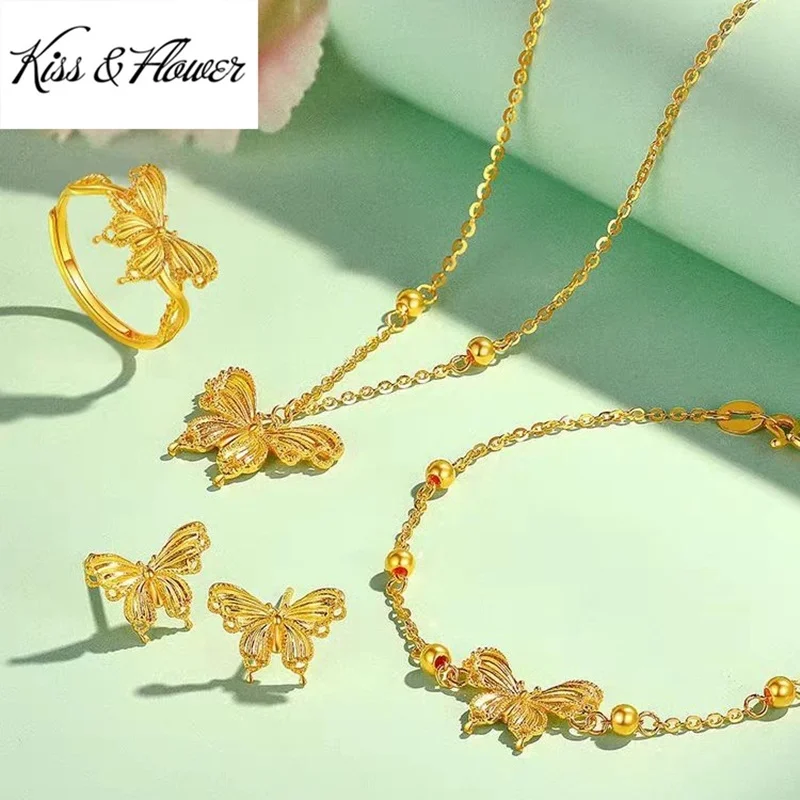 

KISS&FLOWER 24KT Gold Butterfly Jewelry Set For Women Ring+Bracelet+Necklace Jewelry Wholesale Wedding Party Birthday Gift JS64