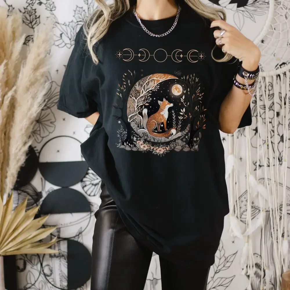 Women Crewneck Short Sleeve Shirt Whimsigoth Goblincore Shirt Fox Witchy T-shirt Celestial Fairycore Dark Cottagecore Aesthetic