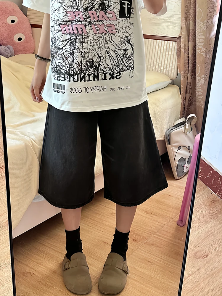 Cintura alta perna larga jeans feminino sle sete pés bla denim casual cintura alta solto ajuste anti-rugas jeans de verão