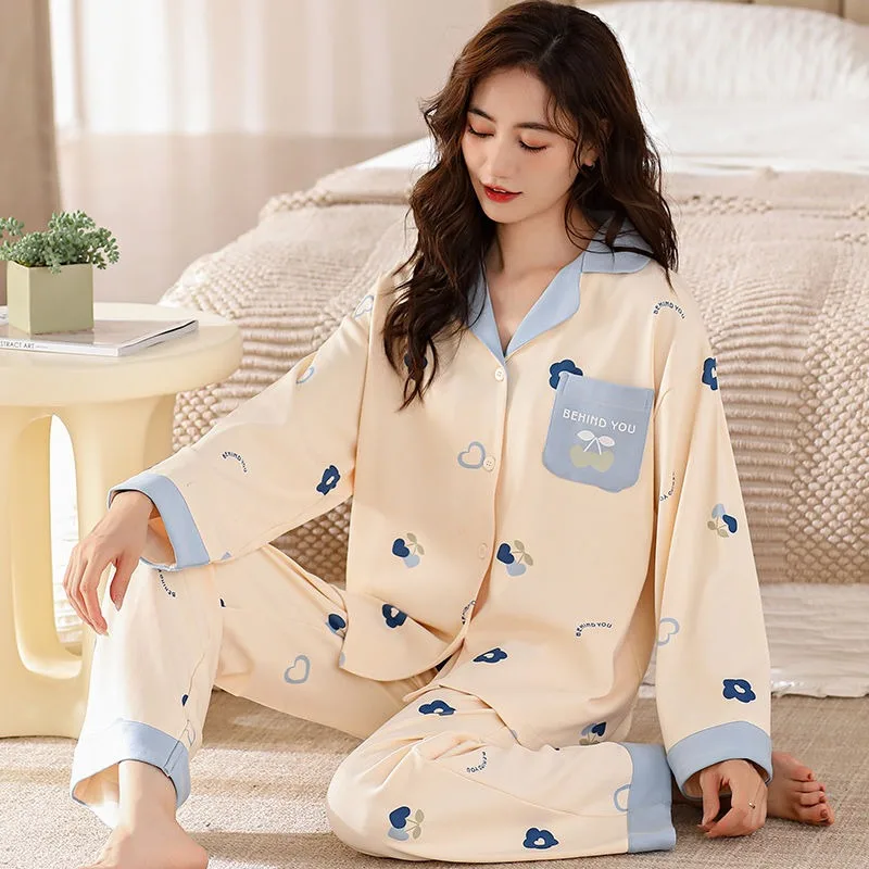 2023 New Cotton Pajamas Women Spring Autumn Loungewear Cotton Long-sleeved Trousers Sleepwear Leisure Loose Lapel Homewear Suit