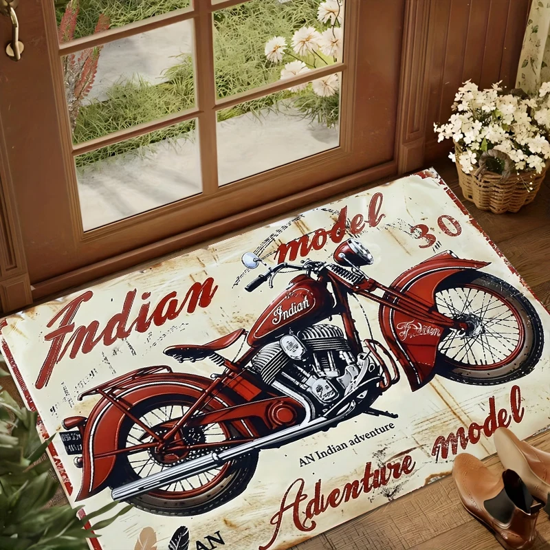 Hot Sale Retro Indian Motorcycle Pattern Rug Anti Slip Decor Carpet for Entryway Living Room Biker Themed Home Mat