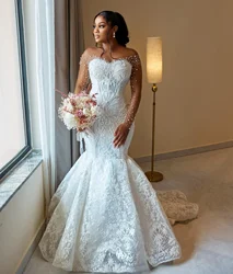 Sheer Neck Full Sleeves Beaded Pearls Vintage Elegant Bridal Gowns Dresses African Aso Ebi  Off White Mermaid Wedding Dress