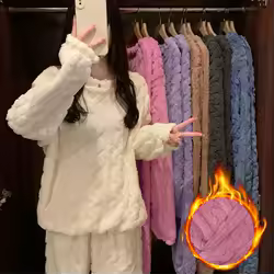 Winter Soft Coral Velvet Jacquard Warm Pajama Set for Women Solid Minimalist Striped Loungewear Female Comfortable Sleepwear New