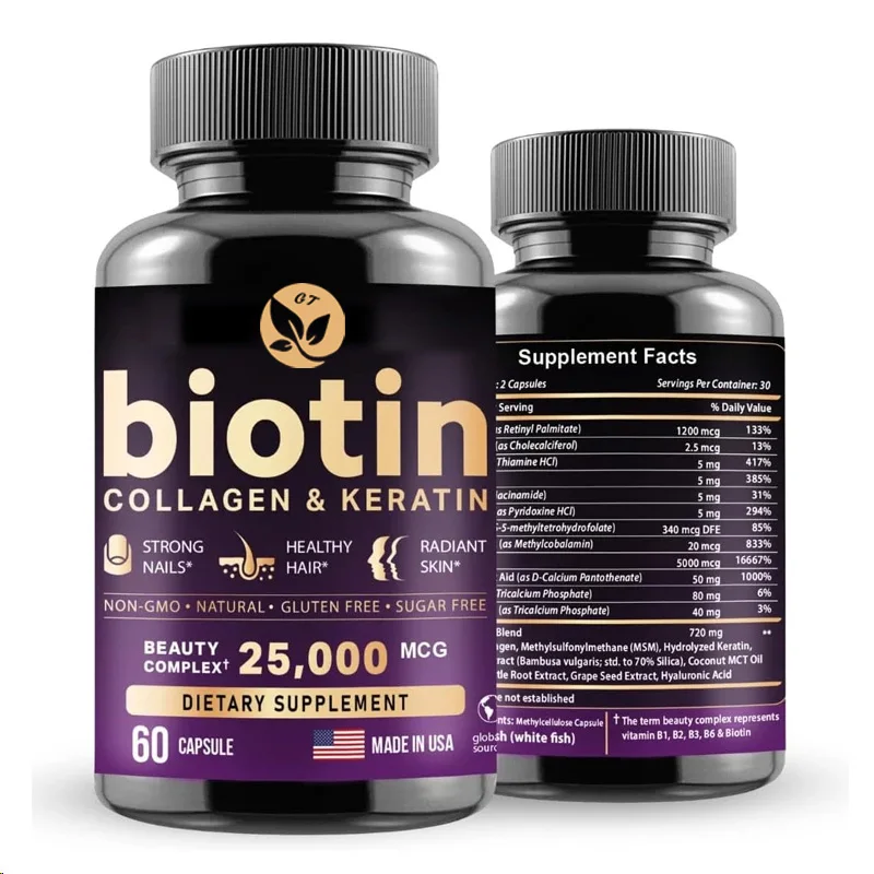 Biotin Contains 60 Capsules Of Hyaluronic Acid, Collagen, And Keratin For Nails And Skin, As Well As Vitamins, B1,b2,b3,b6,b7