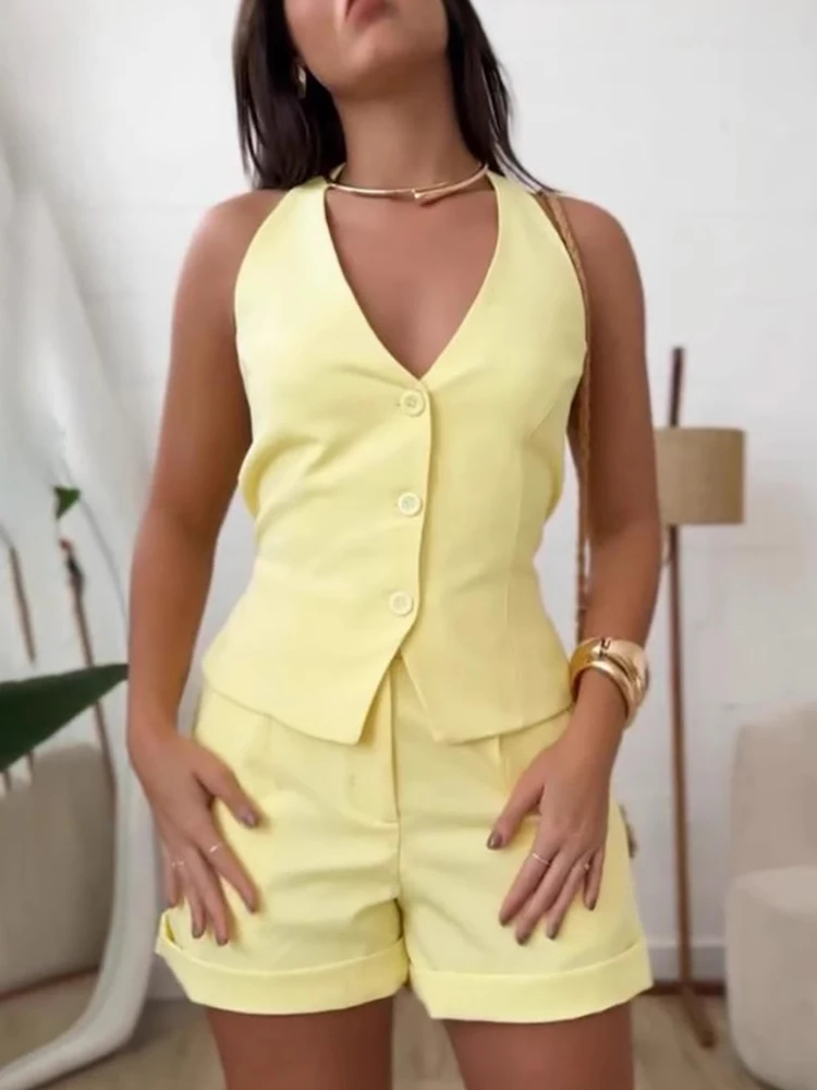 Women V‑Neck Button Back Tie-up Sleeveless High Waist Short Pants Suit Halter Vest Shorts 2pcs Outfit Summer Casual Matching Set