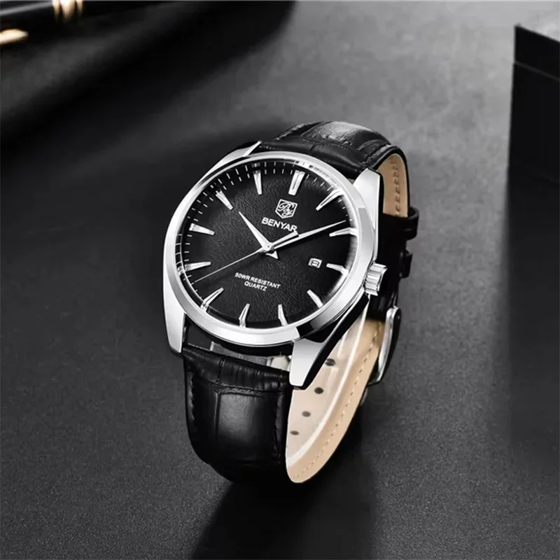 BENYAR BY-5163M Men Quartz Watch Japan Miyota 2115 Movement Genuine Leather Strap 50M Waterproof Date Business Male Wristwatch