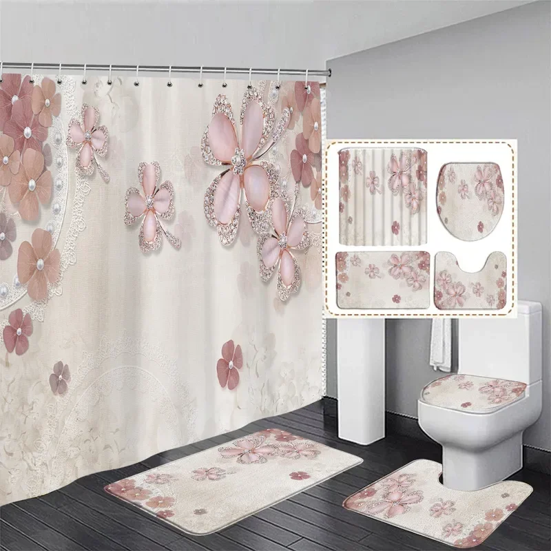 Fashion Pearl floral shower curtain set diamond Swan White stripe geometric woman home bathroom decor bath mats toilet lid cover