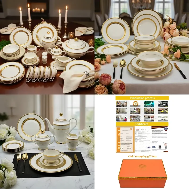 High Quality Design with White Embossed and China Porcelain with Gold Eatable Embossed Pure Gold Dinner Set for 12