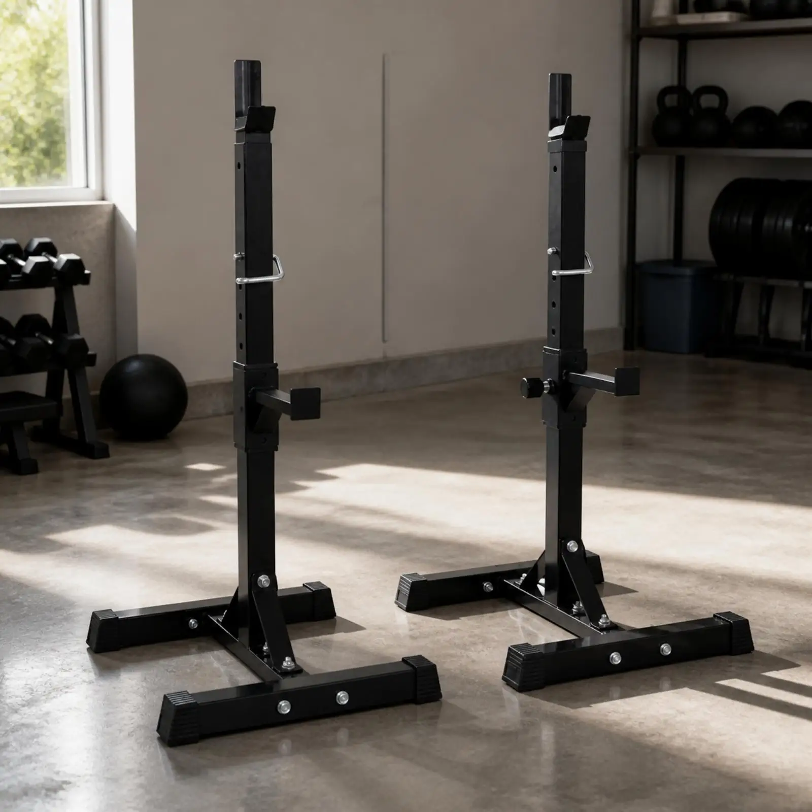 Metal Squat Rack Stand with Adjustable Supports and Safety Hooks for Home Gym Squats Presses and Full Body Workouts Freestanding
