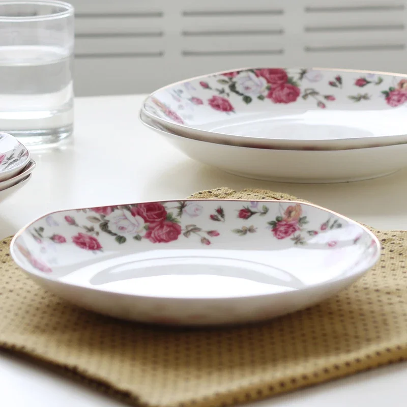 Bone China Diner plate 6/7/8-inch Square Food Plate Set Ceramic Dishes Can Microwave Kitchen Accessorie Rural Rose Flower Design