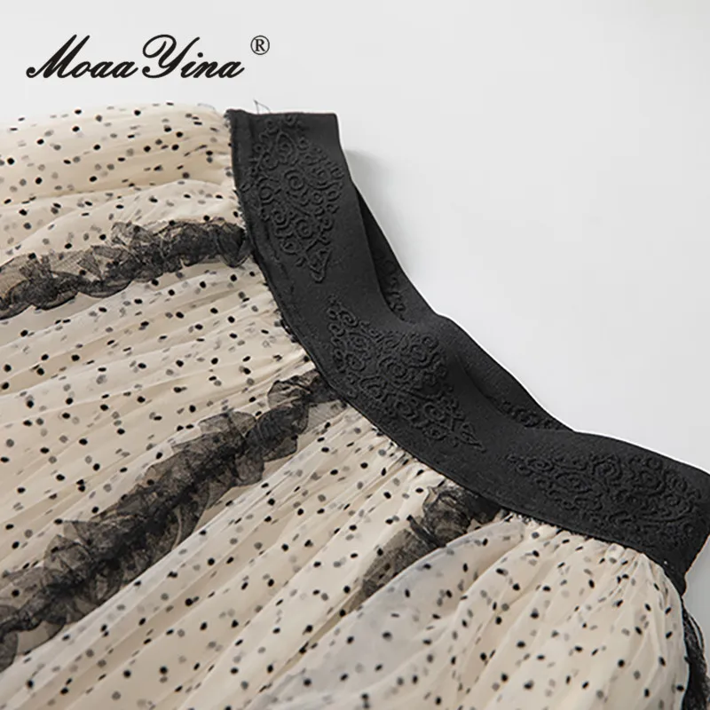 MoaaYina Top patchwork estivo a maniche corte con scollo tondo + gonna a pieghe a pois in rete Set da due pezzi
