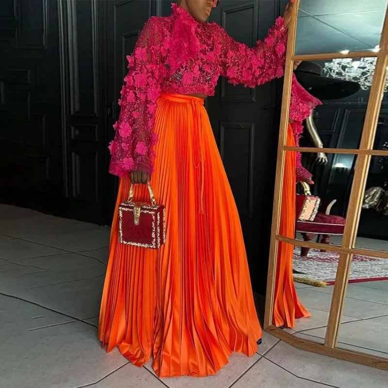 KEXU ผู้หญิงแฟชั่น 2025 ฤดูร้อน Big Swing จีบกระโปรงยาวเอวสูง Street Party ยาว Maxi กระโปรง