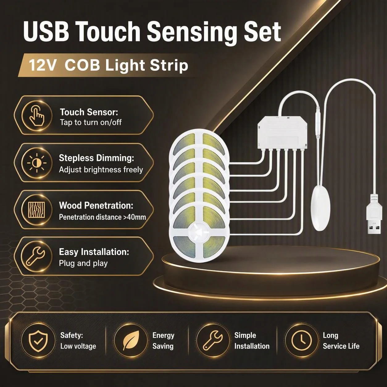 Hot Sale USB 6 in 1 Dimmable COB LED Cabinet Light Strip, 5V No Wiring Under Counter Lamp for Wardrobe Showcase