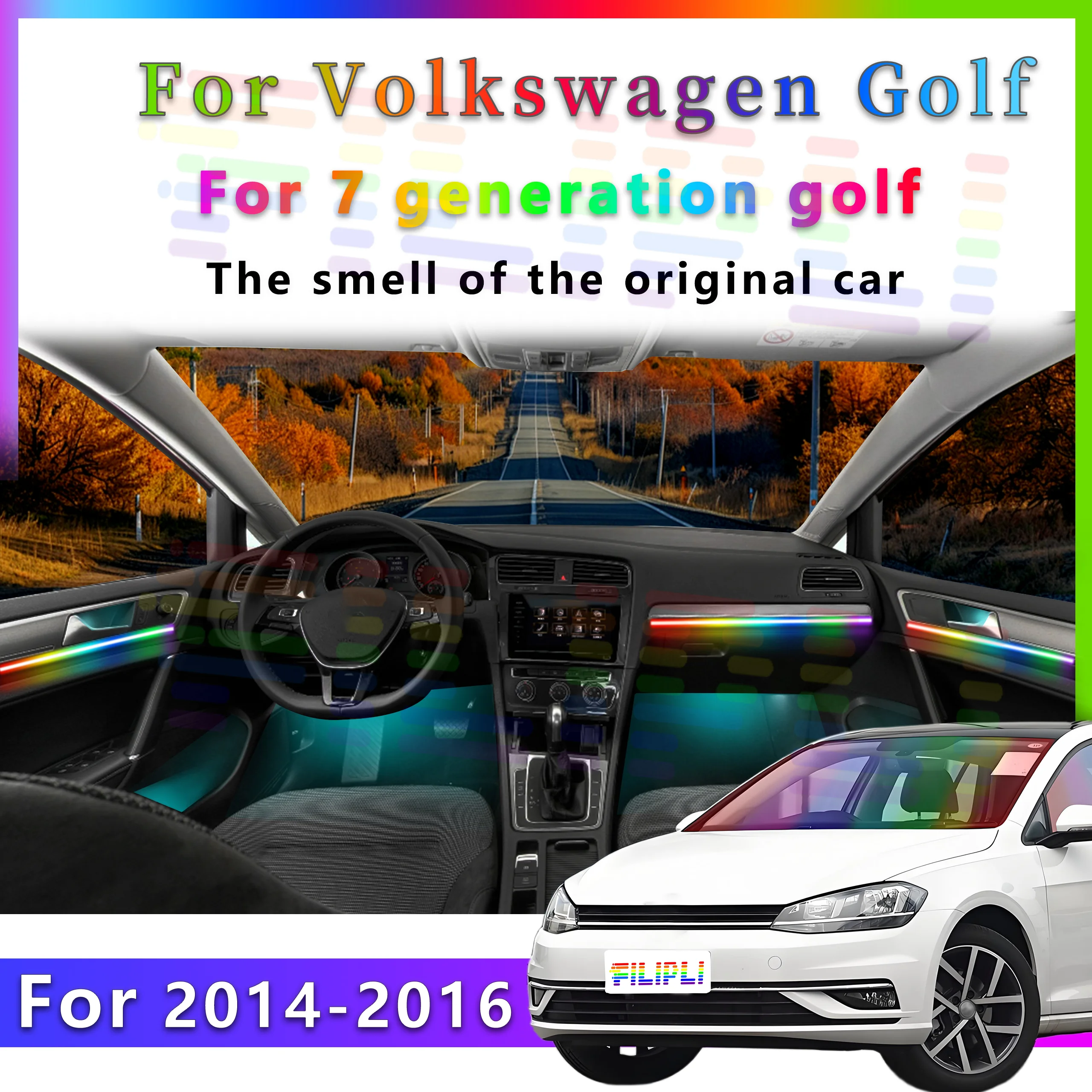 For VW Golf7 MK7 5G 2014-2016 Top-grade Concealed Auto LED Interior Ambient Lighting RGB Sound-sync Mobile APP Rainbow Fade