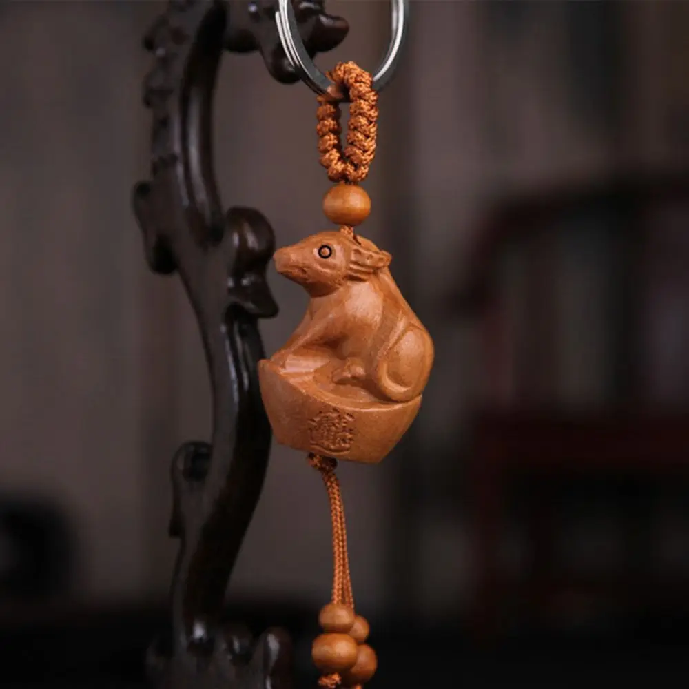Snake Mascot Fengshui Bag Pendant Ethnic Key Chain Car Key Ring Engraving Wood Keyring Mahogany Chinese 12 Zodiac Keychain
