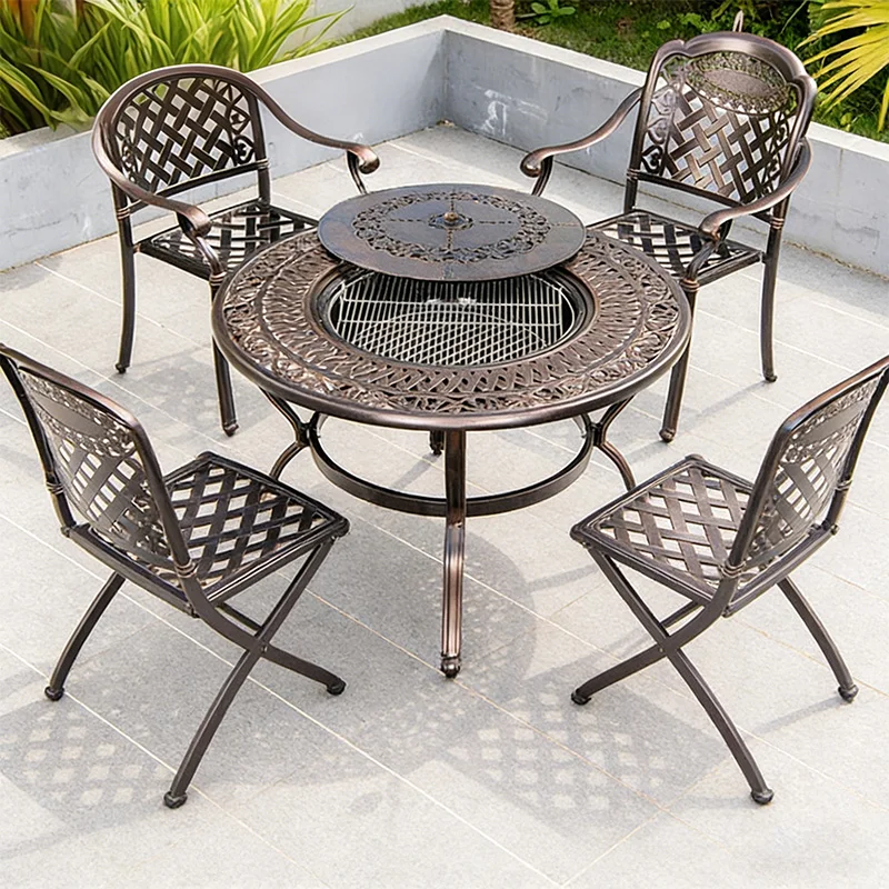 Nordic Retro Outdoor Barbecue Table Optional Grill Pan Cast Aluminum Waterproof Durable Casual Party Outdoor Table And Chair Set
