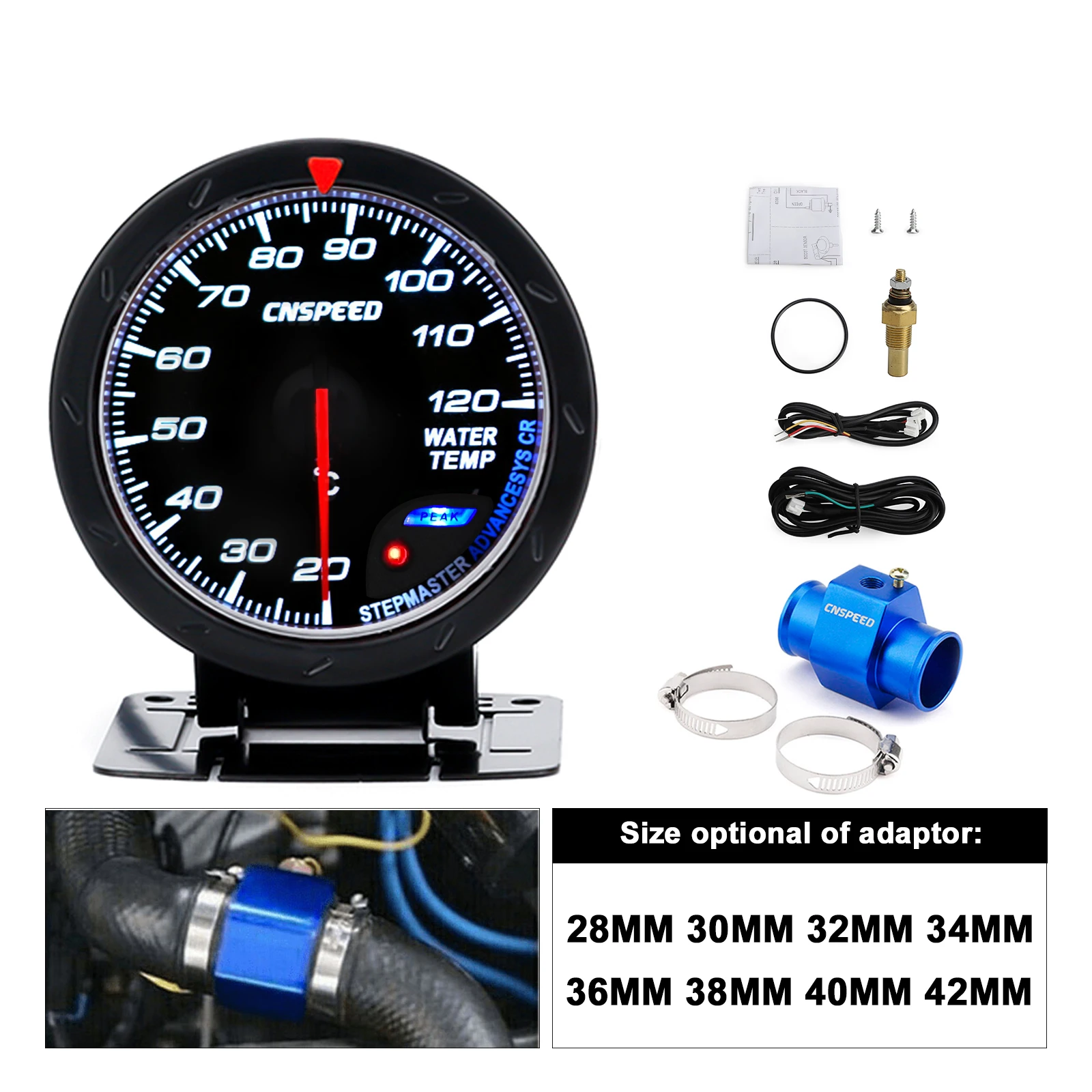 CNSPEED New 60MM Car Water Temperature Gauge 20-120℃ Celsius Water Temp Meter With Water Temp Joint Pipe Sensor Adapter 1/8NPT