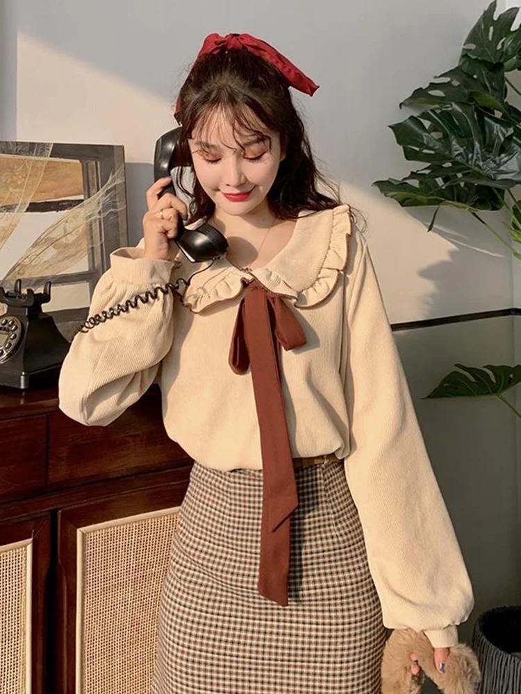 Zoki Sweet Bow Women Corduroy Shirt Vintage Peter Pan Collar Casual Blouse Korean Preppy Style Long Sleeve Spring Elegant Tops