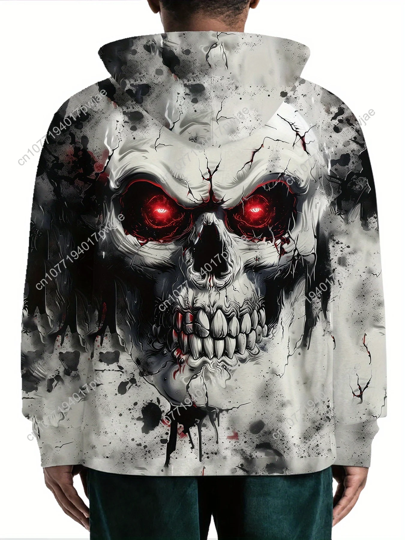 Ganzjahres-Freizeit-Kapuzenpullover mit rotäugigem Totenkopf-Allover-Print, lockere Passform für Herren, gestrickter Polyesterpullover