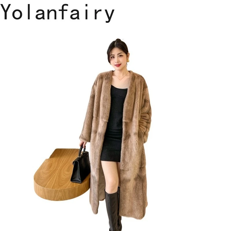 YOLANFAIRY Full Pelt Mink Fur Coat Woman Real Luxury Velvet Whole Mink Natural Fur Jacket Winter 115cm V-neck Women Clothes