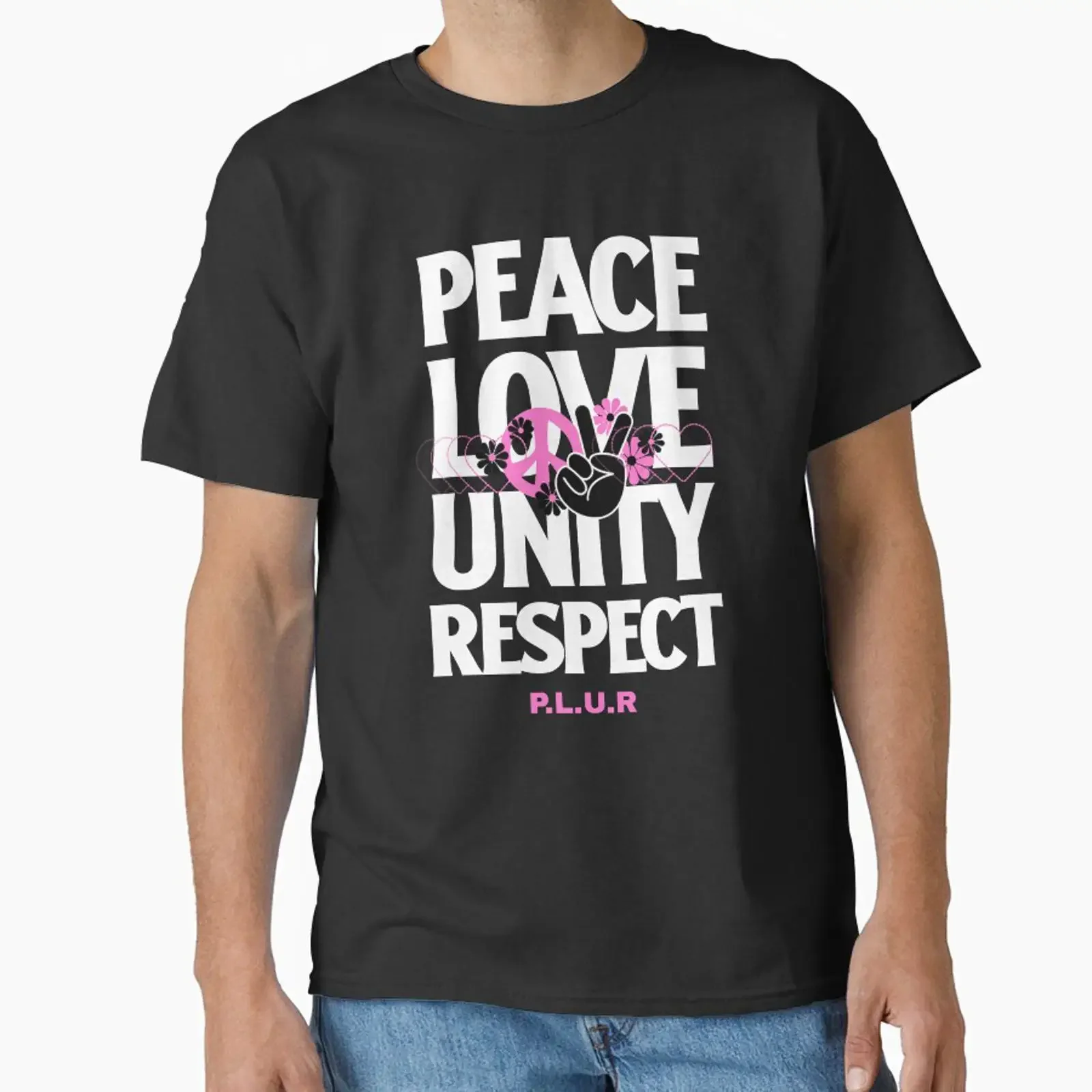 T-shirt classique rose Peace Love Unity Respect, vintage, délavé, pour homme, streetwear décontracté, haut graphique extensible pour un usage quotidien.