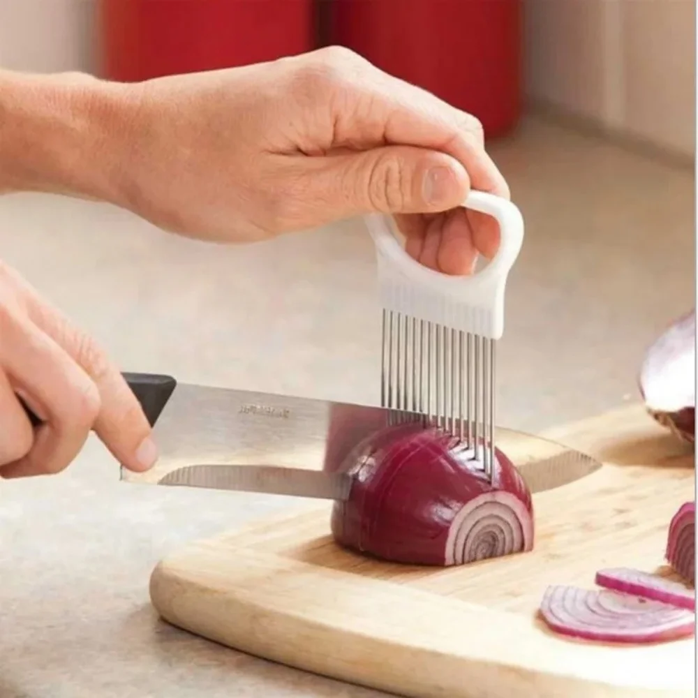 Effortlessly Slice Onions with This 1pc Colorful Onion Slicer Kitchen Stainless Steel Potato Chip Onion Holder Kitchen Tools