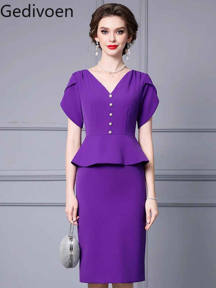 

Gedivoen Summer Fashion Runway New Designer V-Neck Collar Button Solid Purple High Quality Polyester Office Lady Style Dress