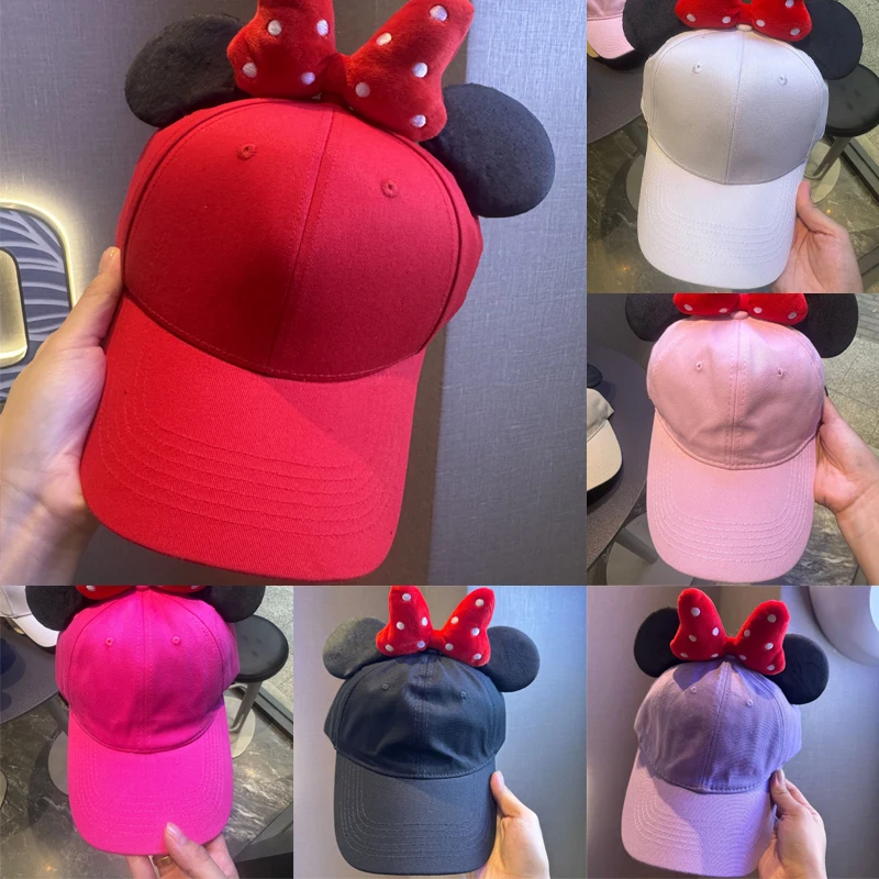 Boné de Beisebol de Algodão Disney Minnie Mouse com Orelhas e Laço, Boné Fofo com Proteção Solar, Presente de Aniversário Infantil Quente