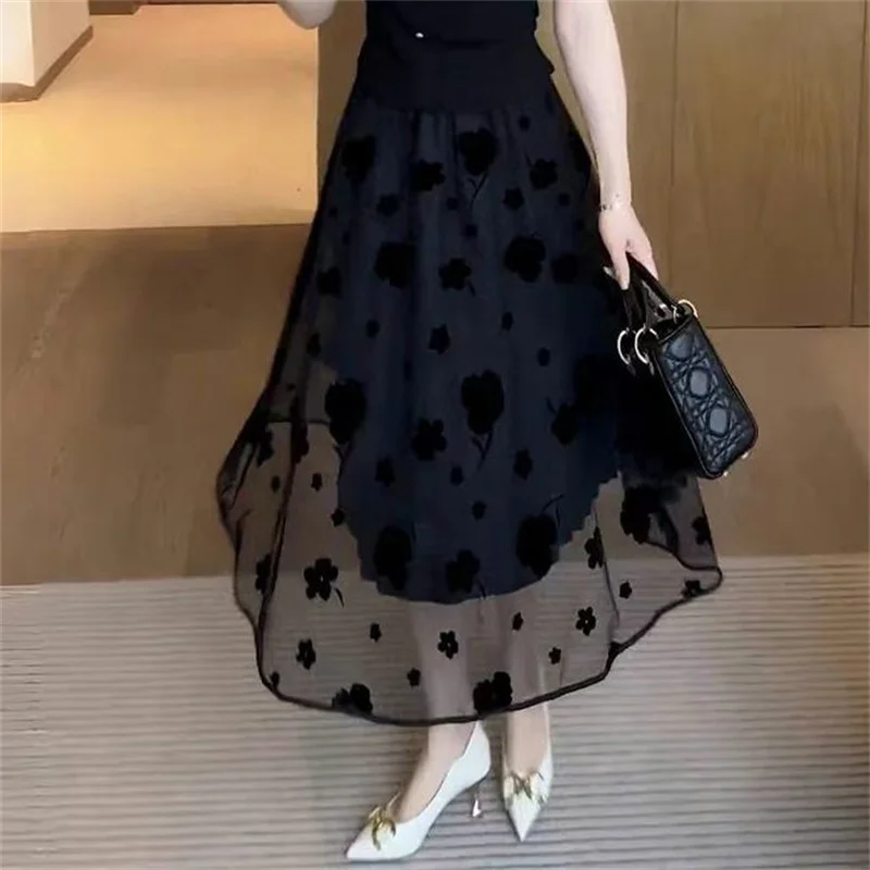 

New Fashion Summer Mesh Skirt Women Elegant Black Floral Print Stretch Waist A-Line Tutu Tulle Skirts Midi Party Jupe Clothing