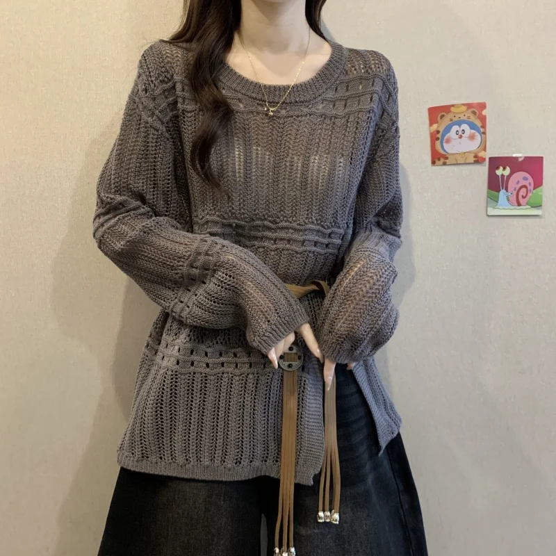 

Осенний вязаный полый свитер для женщин, новый стиль, универсальная блузка средней длины с разрезом