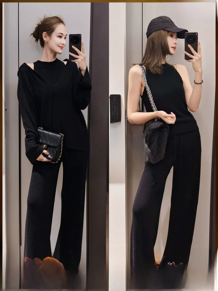 

MeiYang Dark Style All Black Set Casual Fashion Knitted Sweater Pants High Waist Trousers Long Sleeve Hooded Top Winter Sprin...