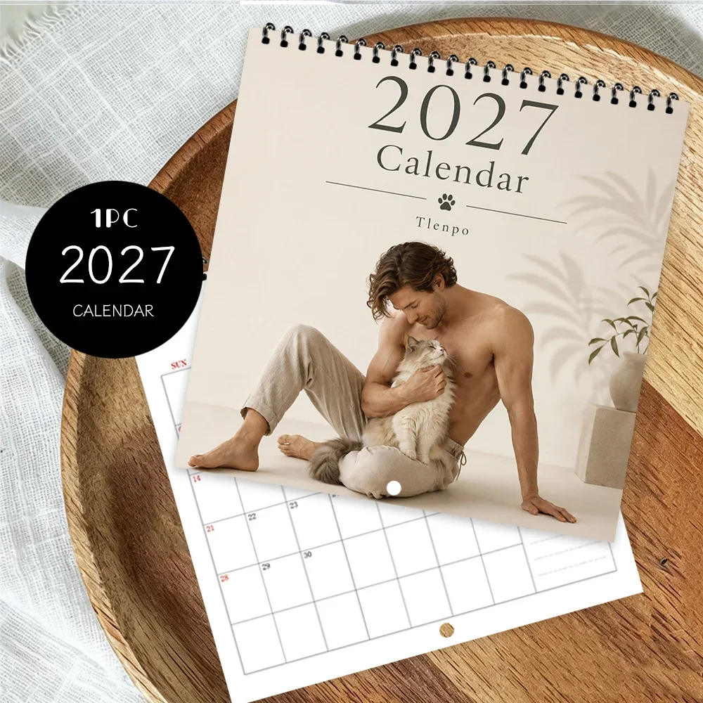 1pc 2027 Muscular Man and Cat Wall Calendar,12-Month Monthly Planner,Perfect Gift for Back-to-School Season, Christmas, New Year