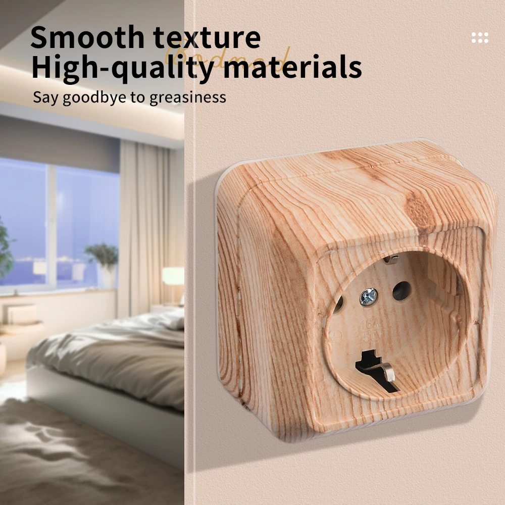 WESA Wood Wall Surface Socket Plug EU Electrical Outlets Ground Imitation Wooden Outdoor Power Socket Flame Retardant Plastic