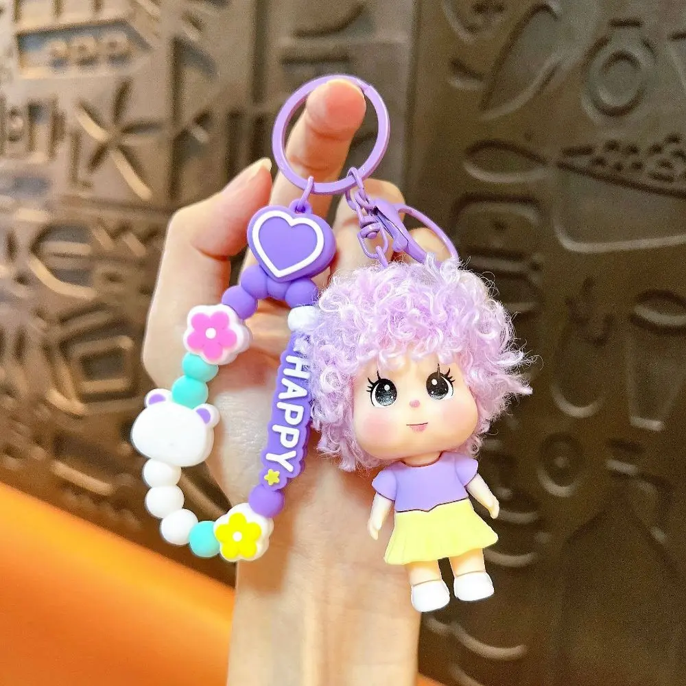 Cute Dopamine Curly Hair Doll Keychain With Keychain PVC Cartoon Girl Key Chain Soft Doll Pendant Gift