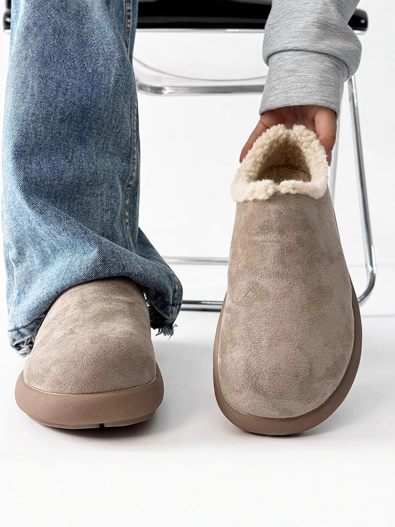 

Fleece Lined Men's Snow Boots Slip-On round Toe Thick Bottom Warm Winter Shoes Korean Style Short Tube Ultra Leather