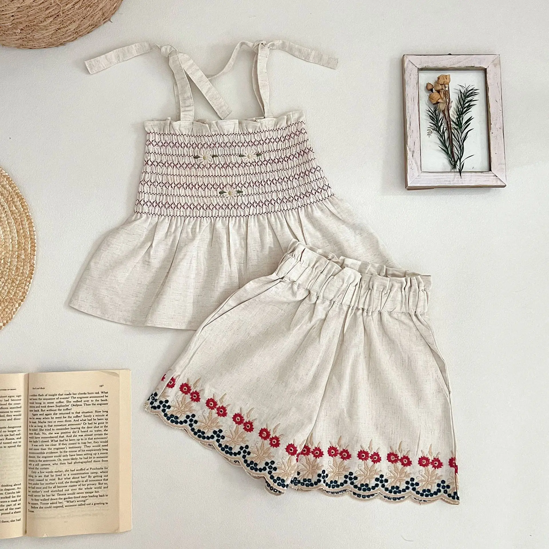 In stock! Children's set 2026 summer BD girl's pastoral style embroidered smocked camisole and shorts two-piece
