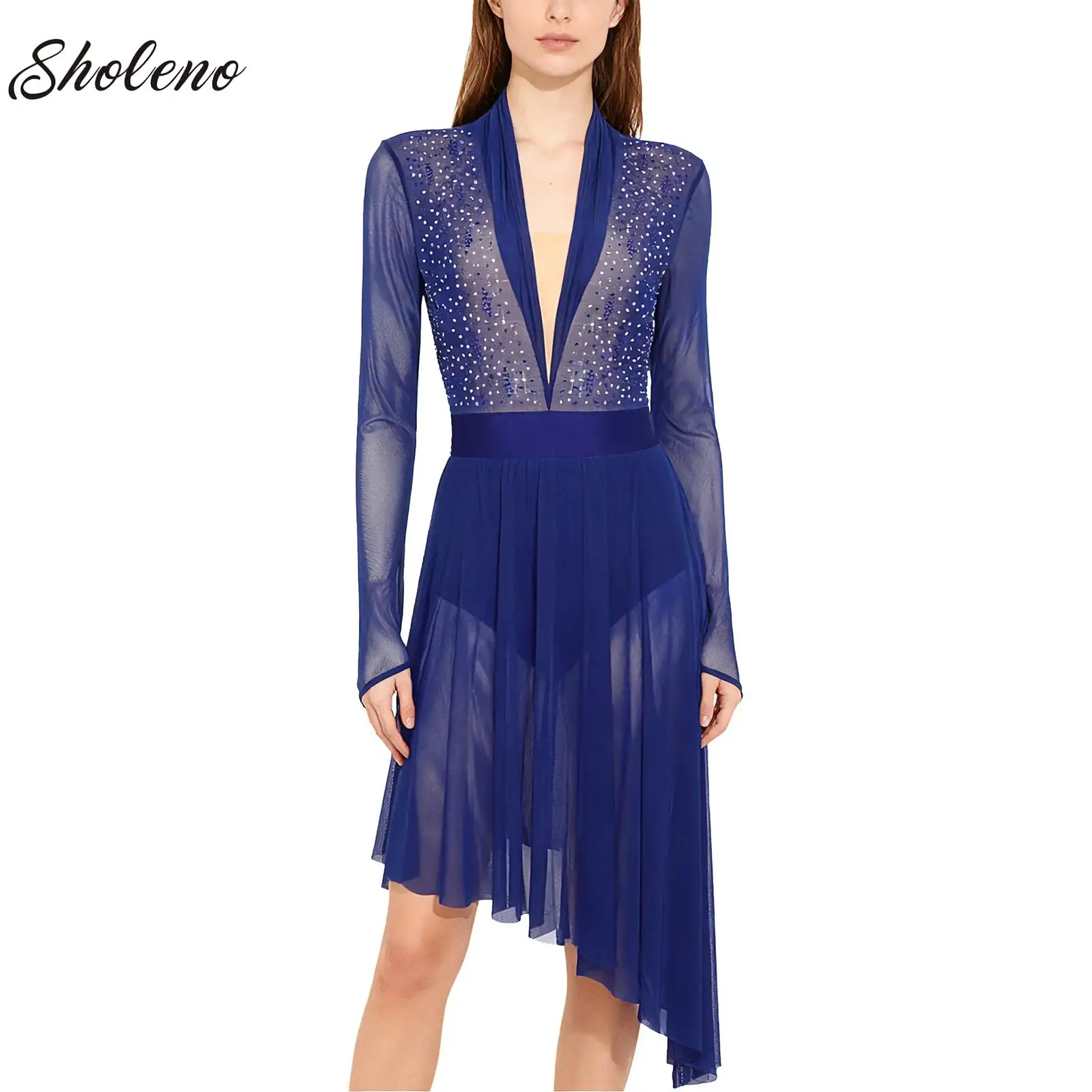 Women Ballet Lyrical Dancing Dress Sheer Mesh Long Sleeve Shiny Rhinestone Ruffled Dress for Stage Performance Competition