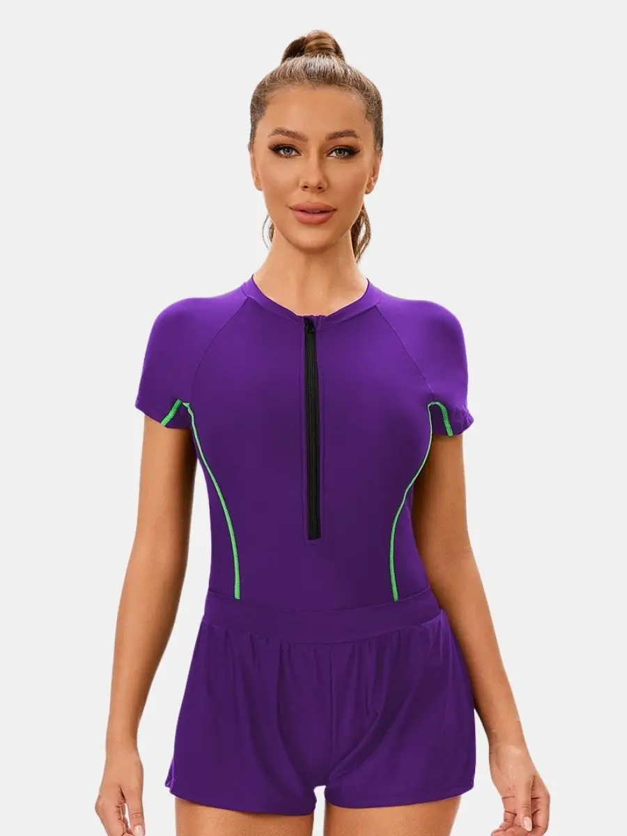 

Short Sleeve Front Zip Bathing Suit Professional Training Swimwear Athletic One-piece Women Sports Swimsuit