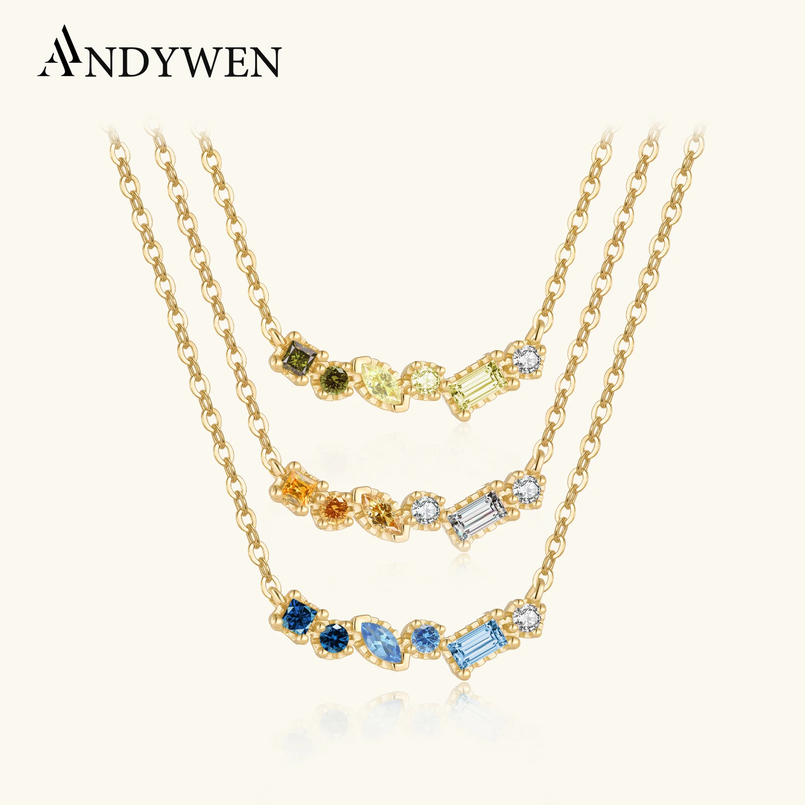 ANDYWEN 925 Sterling Silver Gold Blue Miesiące narodzin cyrkonia CZ kryształ wisiorek długi naszyjnik z łańcuszkiem 2024 wiosennych szlachetnych klejnotów
