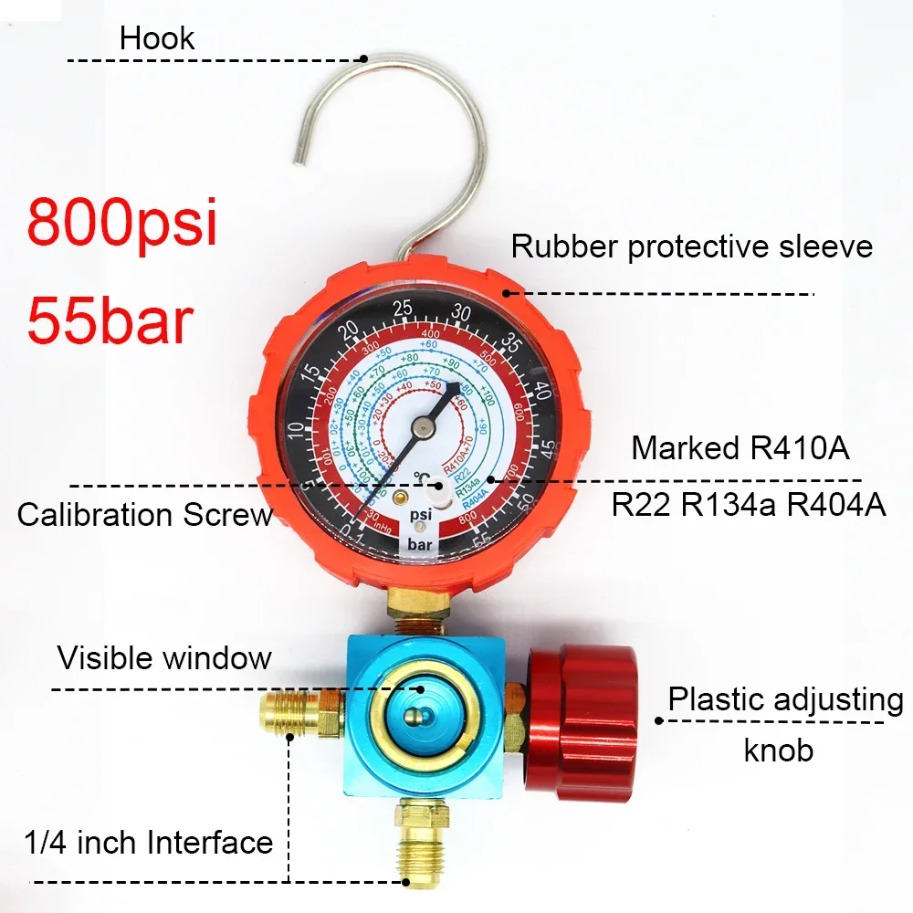 For R410A R22 R134a R404A Air Condition Gauge Refrigerants Manifold Gauge Manometer Valve 800psi/500psi with Visual Mirror