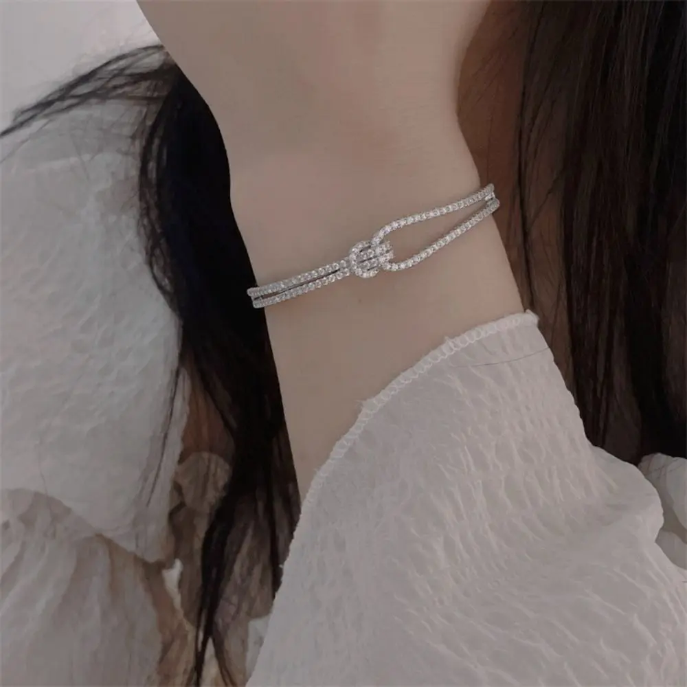Light Luxury Cross Wide Open Bangle Crystal Knot Hand Jewelry Accessories Cuff Bangles Double Layer Fashion Rhinestone Bracelet
