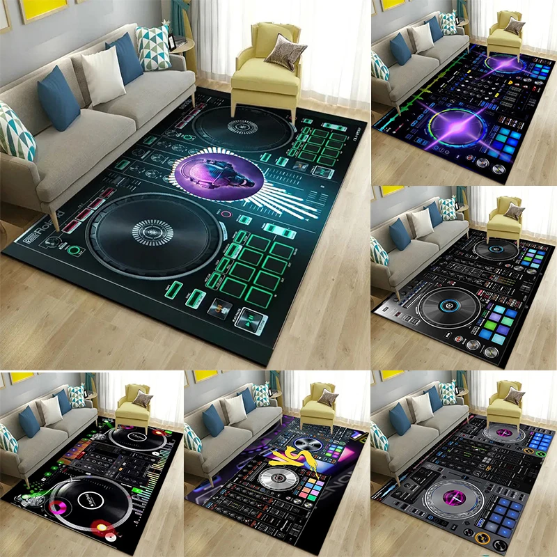 Alfombra de área grande con temática de tocadiscos de DJ, motivos coloridos de consola mezcladora, alfombra de salón de moda, cubierta de suelo de diseño variado