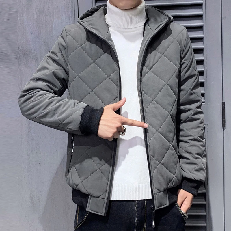 Parka Jacket Men with Hood Quilted Jacket Slim Fit Hooded Puffer Jacket Men Fur Lined Coat Korean Fashion Coat Autumn Winter