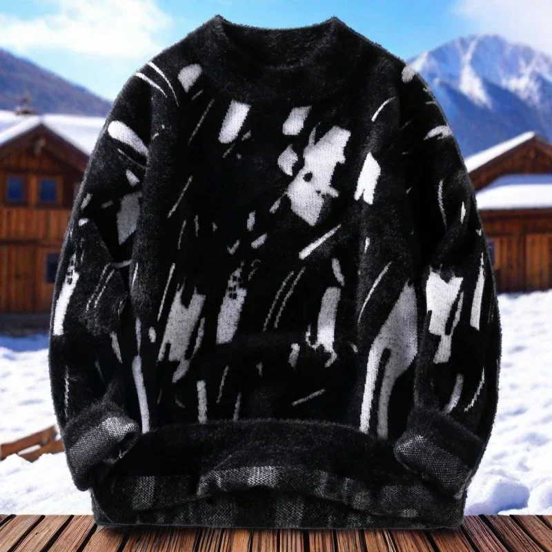 

Свитер мужской, новый утолщенный свитер из искусственного норкового бархата, нижний свитер, белый жаккардовый модный полуводолазка, трендовый теплый