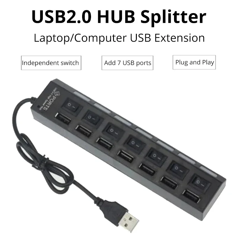 Hochgeschwindigkeits-USB-Hub mit 4/7 Anschlüssen, 2.0-Adapter, Multi-USB-Splitter, Mehrfach-Erweiterung mit LED-Lampe und Schalter für PC und Laptop