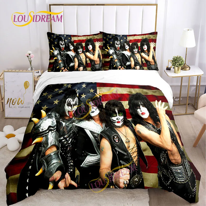 American Rock Super cool Printed bedding set down Kiss Band Fan Gift Rock style home pillowcase quilt set Oversized size