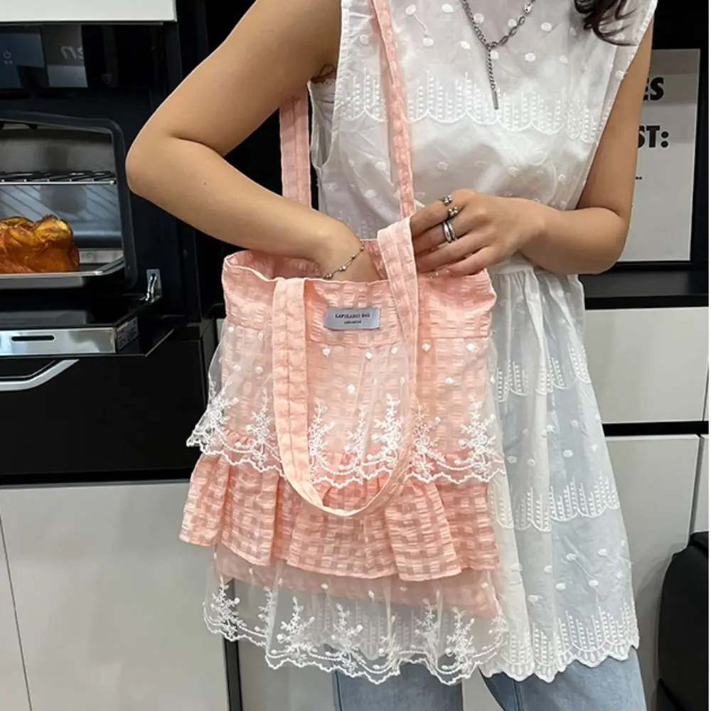 

Elegant Sweet Fresh Lace Handbag Cute Ruched Bowknot Ruffle Shoulder Bag Pastoral Style Underarm Bag Cloth Dumpling Bag Travel