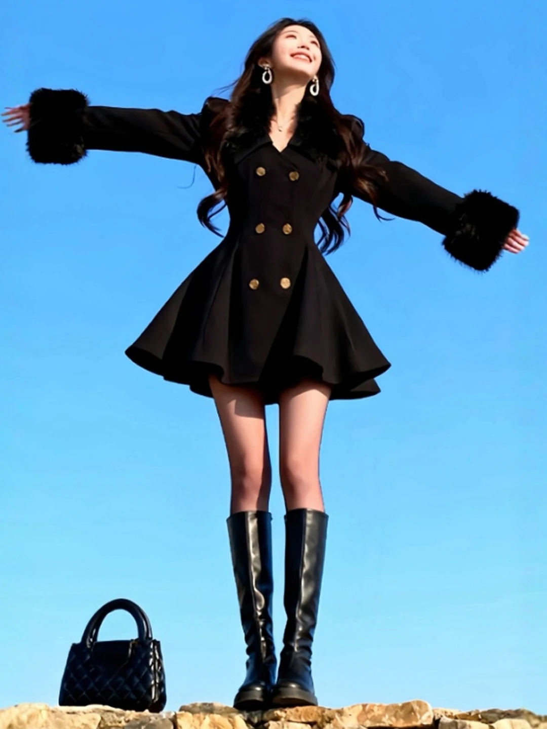 

Hebden Sle Woolen Coat Waist-Cinching Faionable Winter Outerwear Long Sve V-Ne Button Detail Warm Casual Women's Jaet