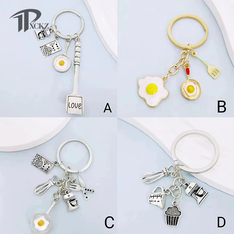 

New Cooking Keychain Dinner Key Ring Cook Book Knife And Fork Beater Blender Frying Pan Key Chain Chef Gift DIY Handmade Jewelry